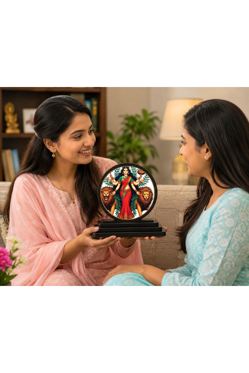 Car Dashboard Wooden Goddess Durga Showpiece | 4 X 4.5 Inch Sublimation Printed Decorative Stand | 4 Mm MDF | Home Decor | Made in India (F33453)