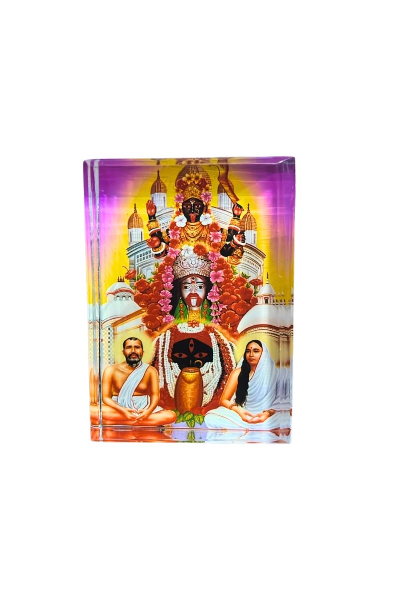 Acrylic Table Photo Stand with Dakshineswar Ma Kali, Sri Ramakrishna & Sarada Ma Image â€“ Crystal Clear Decorative Display Frame for Home Temple, Office Desk & Car Dashboard (Red)