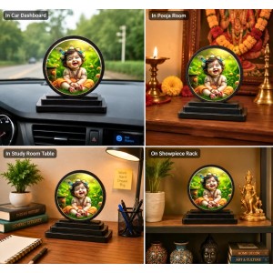 Car Dashboard Wooden Little Krishna Showpiece | 4 X 4.5 Inch Sublimation Printed Decorative Stand | 4 Mm MDF | Home Decor | Made in India (F33331)