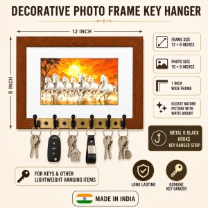 Decorative Wooden Photo Frame Key Hanger With Nature Picture, 12 X 8 Inch Wall Key Holder, 10 X 6 Inch Glossy Photo Frame, 6 Metal Hooks, Home Entrance Decor, Made In India (F38777)