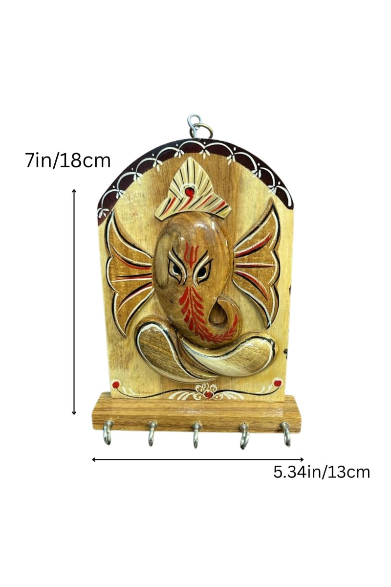 Wooden Ganesha Key Holder for Wall with 5 Metal Hooks | Handcrafted Wooden Ganesh Key Stand & Key Hanger | Decorative Wall Mounted Key Organizer for Home Entrance, Living Room & Office