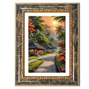 Painting Of A Peaceful Tropical Village Path At Sunset Decorative Photo Frame With White Mount | Premium Wall & Tabletop Picture Frame | Home, Office & Temple Decoration | 10x14 Inch (Pack Of 1) (F31