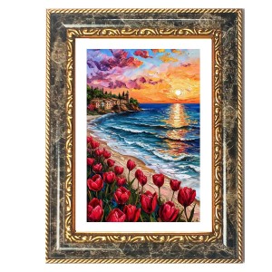Painting Of Red Tulips On A Beach At Sunset Decorative Photo Frame With White Mount | Premium Wall & Tabletop Picture Frame | Home, Office & Temple Decoration | 10x14 Inch (Pack Of 1) (F31271)