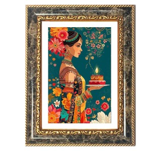 Woman Holding A Diya. Decorative Photo Frame With White Mount | Premium Wall & Tabletop Picture Frame | Home, Office & Temple Decoration | 10x14 Inch (Pack Of 1) (F33148)