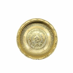 Golden Brass Puja Plate with Om & Mantra Carving – Traditional Thali for Aarti & Temple Use Golden Brass Puja Plate with Om & Mantra Carving – Traditional Thali for Aarti & Temple Use