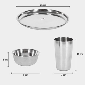 Steel Meal Set Bowl: 9 X 4 cm, Plate: 25 cm Dia., Tumbler: 7 X 11 cm, 1Bowl, 1Plate, 1Tumbler Steel Meal Set Bowl: 9 X 4 cm, Plate: 25 cm Dia., Tumbler: 7 X 11 cm, 1Bowl, 1Plate, 1Tumbler