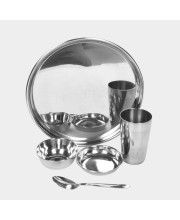 Steel Dinner Set 30 Pcs Bowl: 3.5 X 9 cm, Dish Bowl: 2 X 10 cm, Glass: 11 X 7 cm, Plate: 26 cm Dia., Spoon: 16 X 3.5 cm, 6 Bowls, 6 Dish Bowls, 6 Glasss, 6 Plates, 6 Spoons