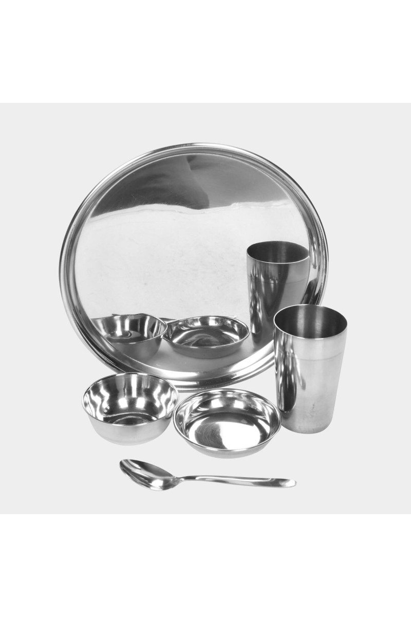 Steel Dinner Set 30 Pcs Bowl: 3.5 X 9 cm, Dish Bowl: 2 X 10 cm, Glass: 11 X 7 cm, Plate: 26 cm Dia., Spoon: 16 X 3.5 cm, 6 Bowls, 6 Dish Bowls, 6 Glasss, 6 Plates, 6 Spoons