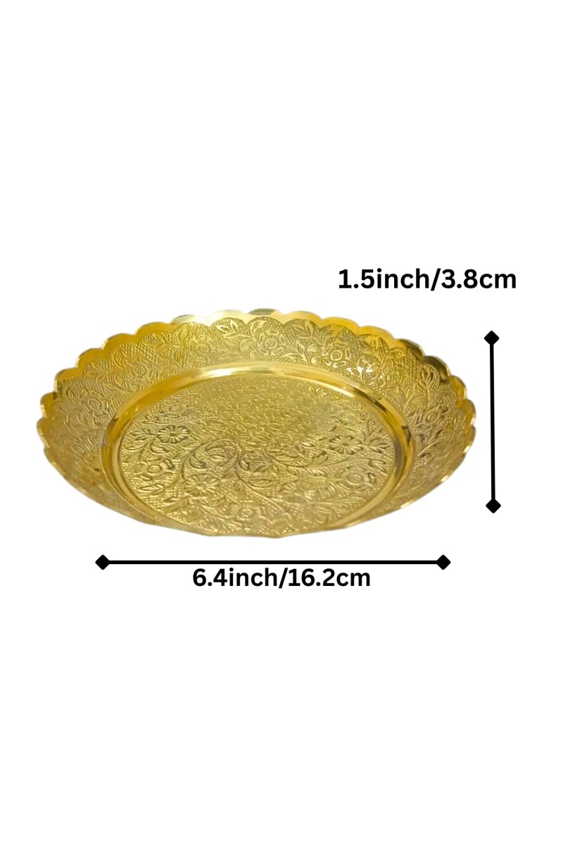Pure Brass Decorative Pooja Thali Plate | Handcrafted Floral Engraved Brass Plate for Pooja, Aarti & Home Temple | Traditional Golden Brass Thali for Festive Use & Gifting (Small) (Small)