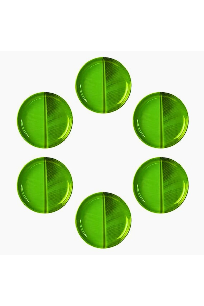 Round Plate | Banana Green Leaf Design Serving Plate for Puja, Prasad & Traditional Dining Festive & Daily Use (Set of 6).