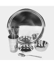 Steel Dinner Set 30 Pcs Bowl: 5 X 11 cm, Dish Bowl: 2 X 11 cm, Glass: 11 X 7 cm, Plate: 28 cm Dia., Spoon: 16 X 4 cm, 6 Bowls, 6 Dish Bowls, 6 Glasss, 6 Plates, 6 Spoons