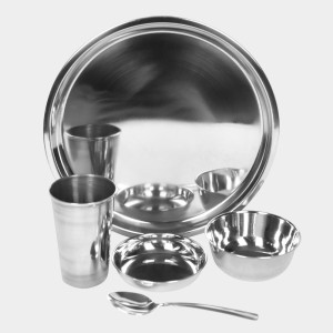 Steel Dinner Set 30 Pcs Bowl: 5 X 11 cm, Dish Bowl: 2 X 11 cm, Glass: 11 X 7 cm, Plate: 28 cm Dia., Spoon: 16 X 4 cm, 6 Bowls, 6 Dish Bowls, 6 Glasss, 6 Plates, 6 Spoons