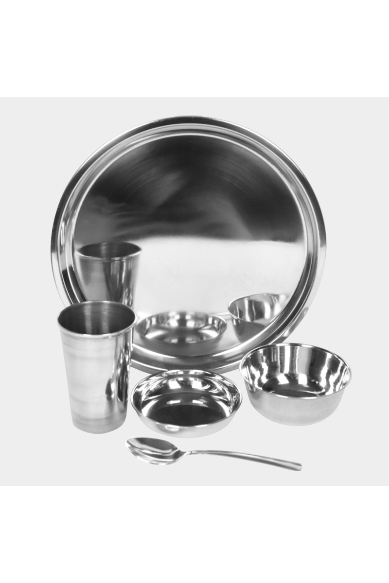 Steel Dinner Set 30 Pcs Bowl: 5 X 11 cm, Dish Bowl: 2 X 11 cm, Glass: 11 X 7 cm, Plate: 28 cm Dia., Spoon: 16 X 4 cm, 6 Bowls, 6 Dish Bowls, 6 Glasss, 6 Plates, 6 Spoons