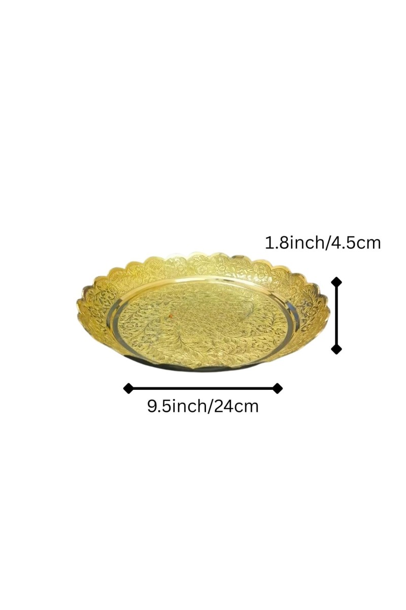 Pure Brass Decorative Pooja Thali Plate | Handcrafted Floral Engraved Brass Plate for Pooja, Aarti & Home Temple | Traditional Golden Brass Thali for Festive Use & Gifting