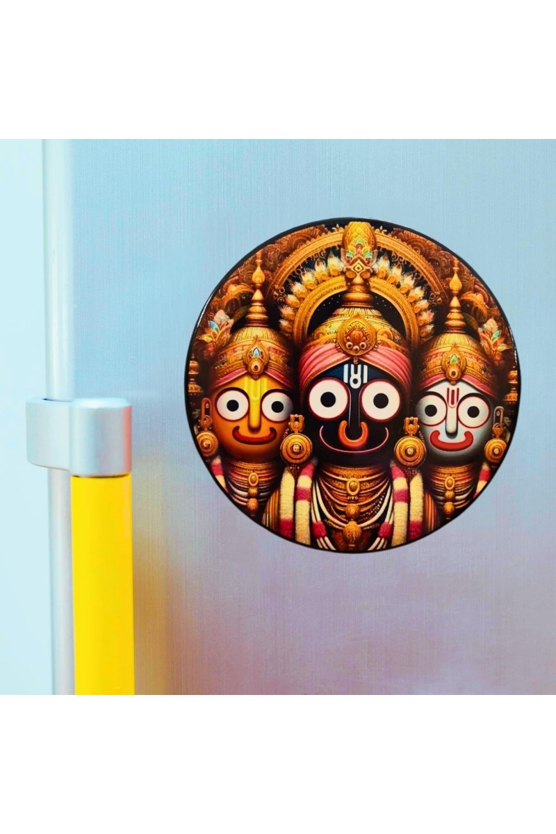Stainless Steel Round Jagannath Balabhadra Subhadra Fridge Magnet | Devotional & Decorative Refrigerator Magnet for Home & Office | Pack of 6