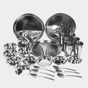 Steel Dinner Set 30 Pcs Bowl: 5 X 11 cm, Dish Bowl: 2 X 11 cm, Glass: 11 X 7 cm, Plate: 28 cm Dia., Spoon: 16 X 4 cm, 6 Bowls, 6 Dish Bowls, 6 Glasss, 6 Plates, 6 Spoons