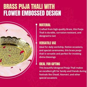 Pure Brass Decorative Pooja Thali Plate | Handcrafted Floral Engraved Brass Plate for Pooja, Aarti & Home Temple | Traditional Golden Brass Thali for Festive Use & Gifting