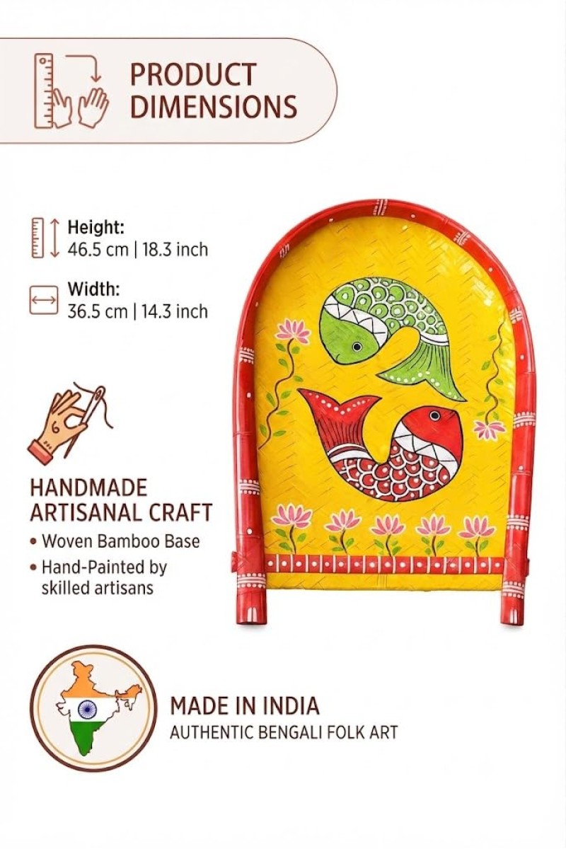 Handcrafted Bamboo Kulo Wall Decor with Hand-Painted Fish Art | Traditional Bengali Folk Art Decorative Bamboo Soop | Eco-Friendly Wall Hanging for Living Room, Entrance, Office & Home DÃ©cor