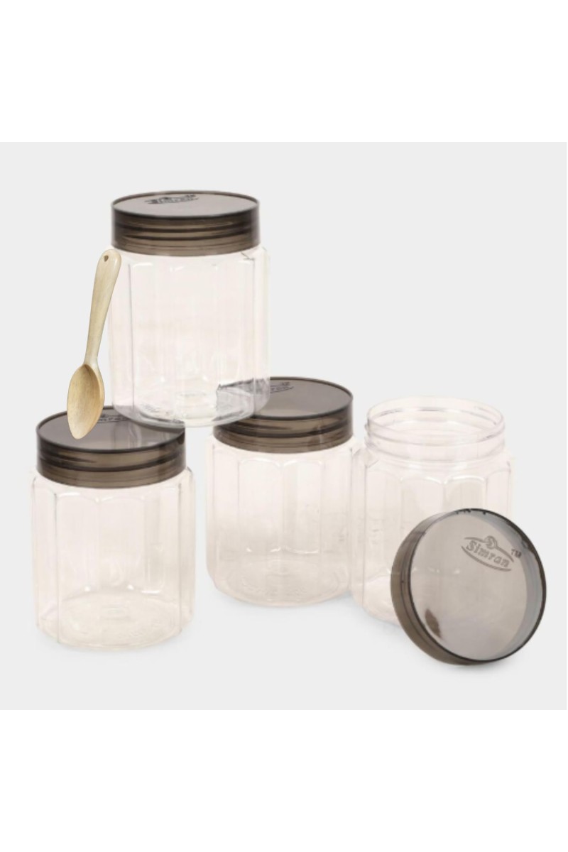 Swan Transparent Plastic Storage Containers with Black Lids And Wooden Spoon – Set of 4 Containers and Spoon, Airtight Kitchen Jars