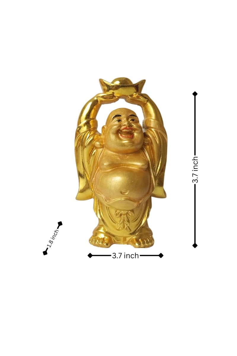 Laughing Buddha Set of 2 | Marble Resin Gold Feng Shui Statues for Home, Office, Dining Room Decor | Asian Gift Showpiece