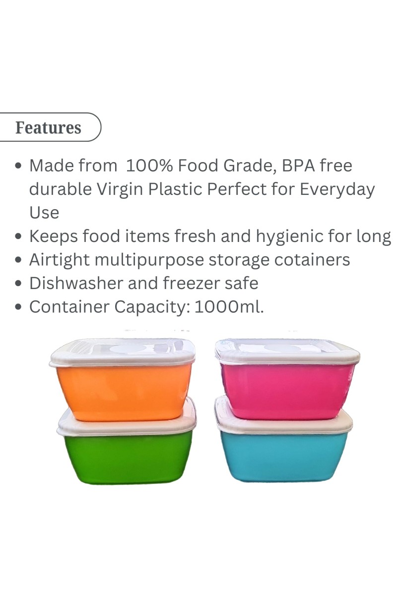 Set of 4 Colorful Food Storage Containers | BPA-Free Plastic Lunch & Meal Prep Boxes with Airtight Lids | Reusable & Stackable Kitchen Storage