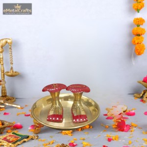 Traditional Brass Charan Paduka Set with Plate | Auspicious Puja Item for Mandir, Worship & Religious Rituals Home Temple, Puja & Spiritual Decor Traditional Brass Charan Paduka Set with Plate | Auspicious Puja Item for Mandir, Worship & Religious Rituals Home Temple, Puja & Spiritual Decor