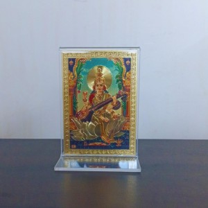 Hitech Sales Gold-Plated MATA Saraswati Religious Acrylic Photo Frame Hindu God and Goddess Temple Art Decor for Home, Office, Car Dashboard and Gift Purpose