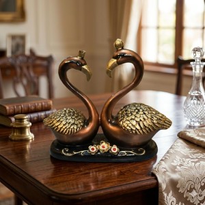 Golden Swan Couple Decorative Showpiece | Resin Love Birds Figurine for Home & Office Décor | Elegant Tabletop Statue for Living Room, Bedroom & Gift Item (Brown & Gold Finish)