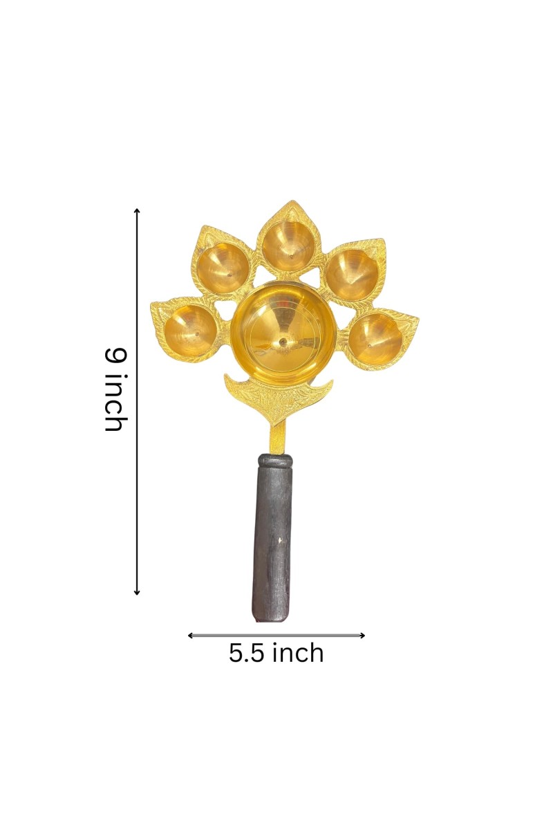 Panchmukhi Aarti Diya Brass Oil Lamp Pooja Mandir Decor Spiritual Gift 9x5.5 inches