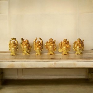 Laughing Buddha Set of 6 | Marble Resin Gold Feng Shui Buddha Statues for Home Decor, Office, Dining Room | Asian Gift Showpiece