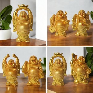 Laughing Buddha Set of 6 | Marble Resin Gold Feng Shui Buddha Statues for Home Decor, Office, Dining Room | Asian Gift Showpiece