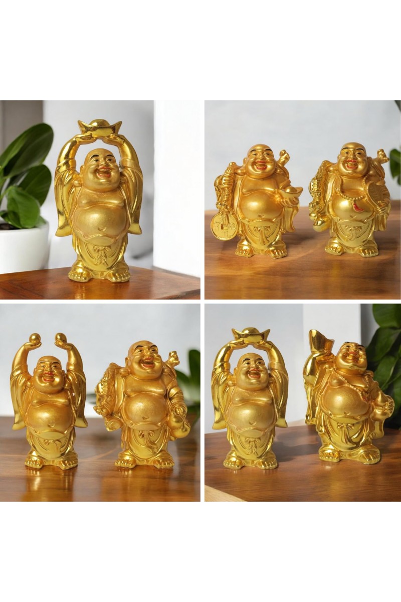 Laughing Buddha Set of 6 | Marble Resin Gold Feng Shui Buddha Statues for Home Decor, Office, Dining Room | Asian Gift Showpiece