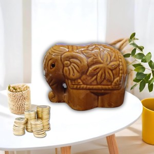 Ceramic Money Coins Holder Elephant Showpiece – Handcrafted Brown Decorative Elephant Figurine for Home, Office & Table Décor Colour: Antique| Brown