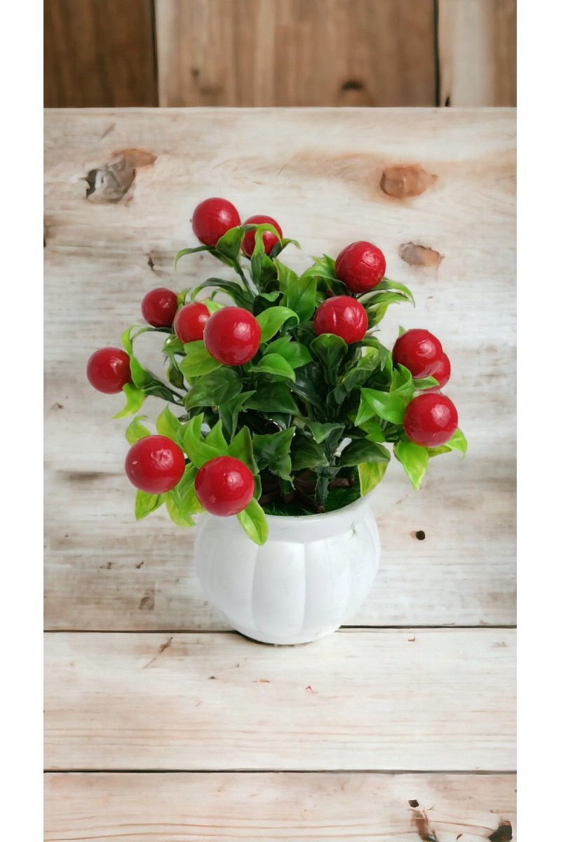 Hitech Artificial Flower Pot Red Cherry Tableware Home Decor Living Room Shop Office Bed Room Washroom & Gift Artificial Plant with Pot Pack of 1 (Red & Green)