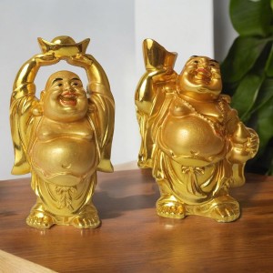 Laughing Buddha Set of 2 | Marble Resin Gold Feng Shui Statues for Home, Office, Dining Room Decor | Asian Gift Showpiece Laughing Buddha Set of 2 | Marble Resin Gold Feng Shui Statues for Home, Office, Dining Room Decor | Asian Gift Showpiece