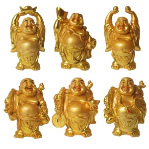 Laughing Buddha Set of 6 | Marble Resin Gold Feng Shui Buddha Statues for Home Decor, Office, Dining Room | Asian Gift Showpiece