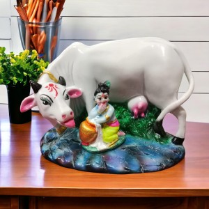 Hitech White Color Small Size Table Decor Religious Idol Cow & Gopal Set Hitech White Color Small Size Table Decor Religious Idol Cow & Gopal Set
