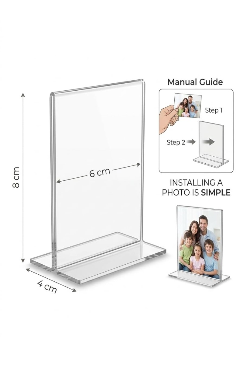 Transparent Acrylic T Shape Display Stand (8 × 6 × 4 cm) – Clear Photo Holder, Price Tag Holder, Table Sign Holder for Shop Counter, Office Desk, Menu Card & Photo Display (pack of 2)