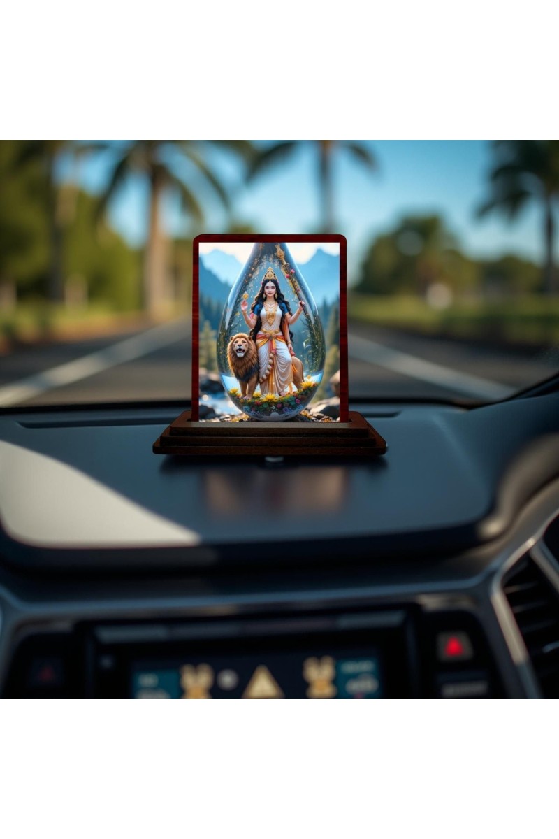 Car Desk/Table Top Goddess Durga Wooden Photo Stand 3x4 Inches, Compact & Stylish Spiritual Display For Car, Home & Office (Pack Of 1) (F14413)