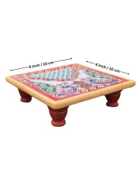 HiTechMart Handcrafted Marble Puja Chowki with Kundan Work, Makrana Marble Pooja Platform with Enamel Painting & Plastic Legs, Decorative Chowki for Mandir, Rituals, Home Décor - 4x4 inch (2, Square)