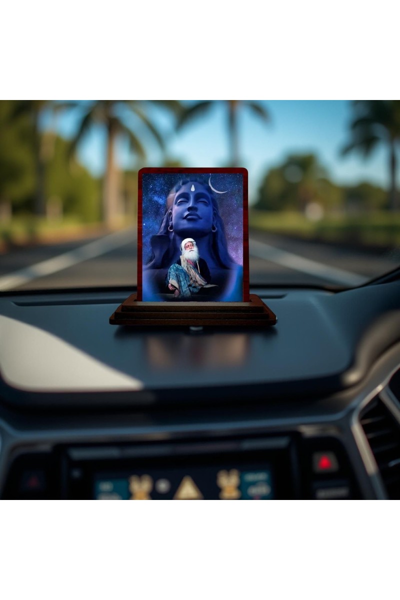 Car Desk/Table Top Lord Shiva And Sadhguru Wooden Photo Stand 3x4 Inches, Compact & Stylish Spiritual Display For Car, Home & Office (Pack Of 1) (F14640)