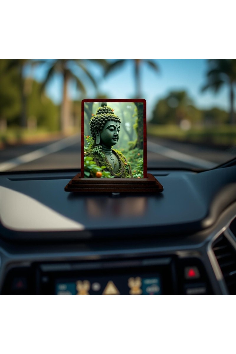 Car Desk/Table Top Lord Buddha Wooden Photo Stand 3x4 Inches, Compact & Stylish Spiritual Display For Car, Home & Office (Pack Of 1) (F14448)