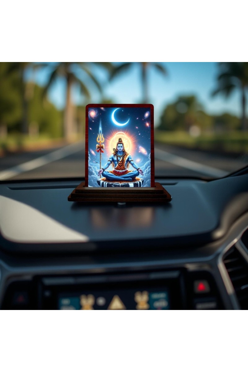 Car Desk/Table Top Lord Shiva Wooden Photo Stand 3x4 Inches, Compact & Stylish Spiritual Display For Car, Home & Office (Pack Of 1) (F14623)
