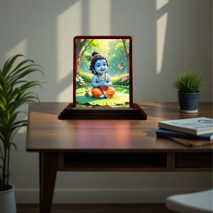Car Desk/Table Top Lord Krishna Wooden Photo Stand 3x4 Inches, Compact & Stylish Spiritual Display For Car, Home & Office (Pack Of 1) (F14592)