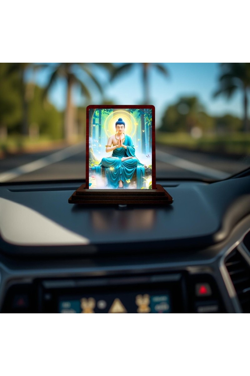 Car Desk/Table Top Lord Buddha Wooden Photo Stand 3x4 Inches, Compact & Stylish Spiritual Display For Car, Home & Office (Pack Of 1) (F14423)