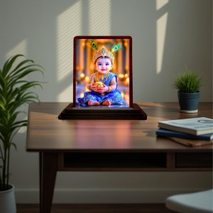 Car Desk/Table Top Lord Krishna Wooden Photo Stand 3x4 Inches, Compact & Stylish Spiritual Display For Car, Home & Office (Pack Of 1) (F14496)