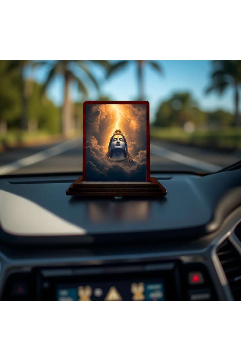 Car Desk/Table Top Lord Shiva Wooden Photo Stand 3x4 Inches, Compact & Stylish Spiritual Display For Car, Home & Office (Pack Of 1) (F14624)