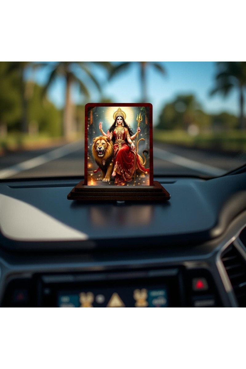 Car Desk/Table Top Goddess Durga Wooden Photo Stand 3x4 Inches, Compact & Stylish Spiritual Display For Car, Home & Office (Pack Of 1) (F14427)