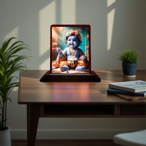 Car Desk/Table Top Lord Krishna Wooden Photo Stand 3x4 Inches, Compact & Stylish Spiritual Display For Car, Home & Office (Pack Of 1) (F14473)