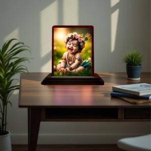 Car Desk/Table Top Lord Krishna Wooden Photo Stand 3x4 Inches, Compact & Stylish Spiritual Display For Car, Home & Office (Pack Of 1) (F14487)